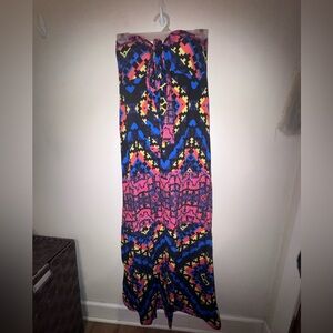 Grane Strapless Maxi Dress in Black with Pink, Blue & Yellow Pattern